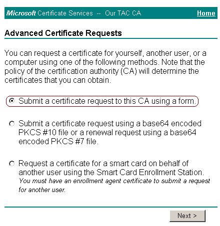 6. Click the Submit a certificate request to this CA using a form radio button, and then click Next. 7.