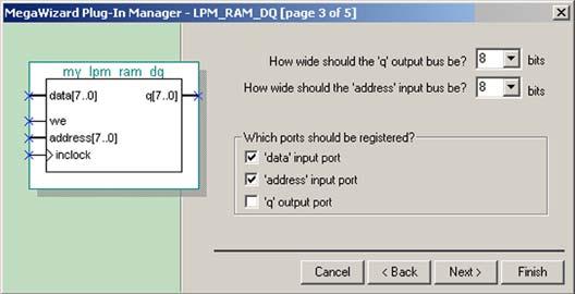 3. Turn on the options for the ports to register in the Which ports should be registered? section. If registered, inclock clocks the data and address ports; while outclock clocks the output port.