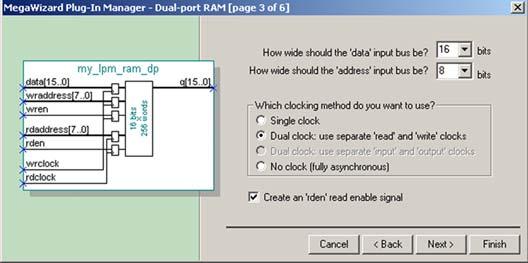 Figure 15. MegaWizard Plug-In Manager - Dual-Port RAM [page 3 of 6] 5. Turn on the options for Which ports should be registered?. Click More Options, to register the ports individually.