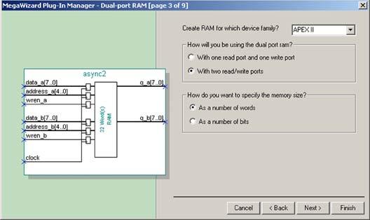 Figure 18. MegaWizard Plug-In Manager - Dual-Port [page 1 of 7] 6. Select How many words of memory?. See Figure 19.
