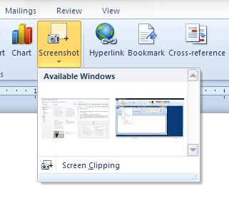 First, click the Insert ribbon, and click the Screenshot icon. Then, you have two different choices. The first choice is to take the screenshot of an open, unminimized window.