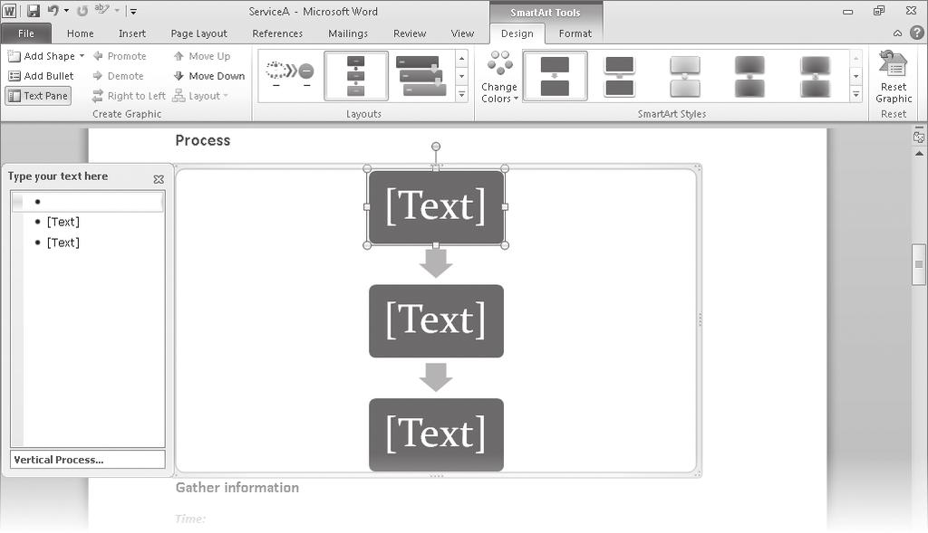 206 Chapter 7 Insert and Modify Diagrams Three text placeholders appear in the diagram shapes and in the adjacent Text pane, where the text placeholders are formatted as a bulleted list.