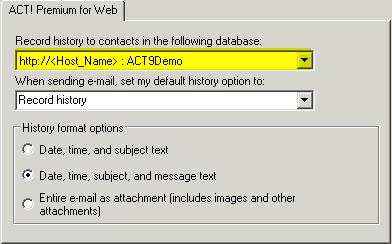 This is done in the History Options section of the ACT! Premium for Web tab in the Outlook Options. The default database is displayed in the Record history to contact in the following database field.