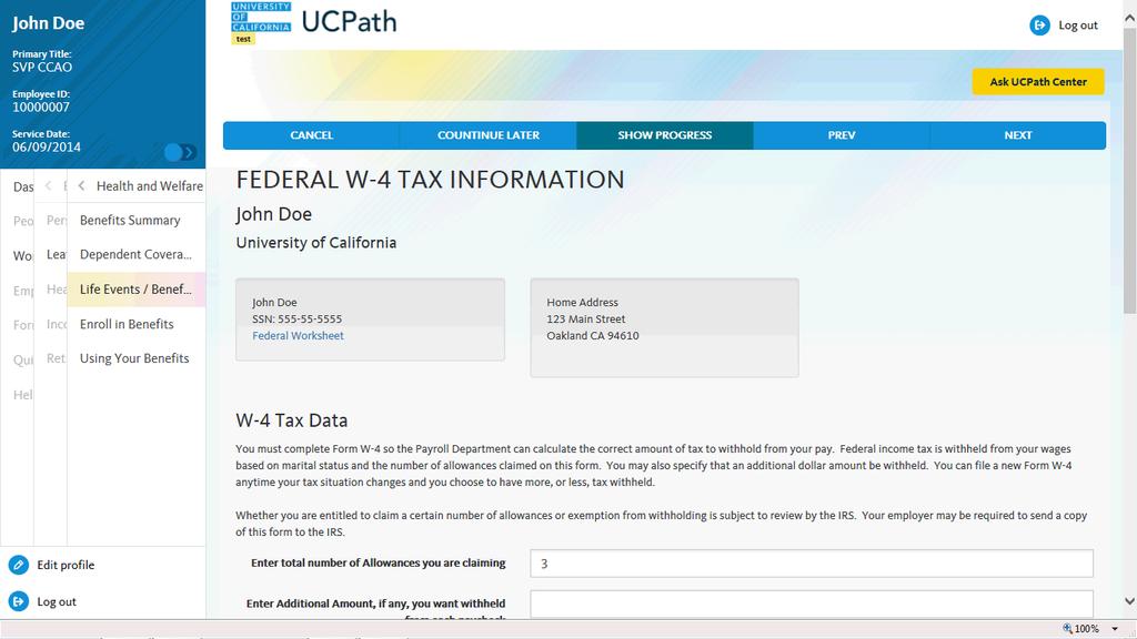 Use the Federal W-4 Tax Information page to reflect your marital status change