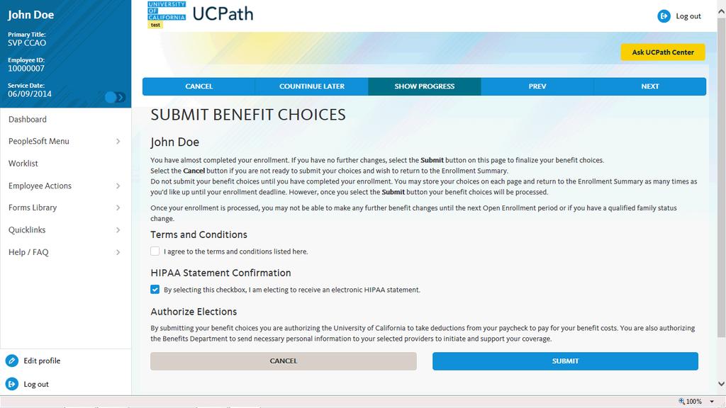 The Submit Benefit Choices page appears.