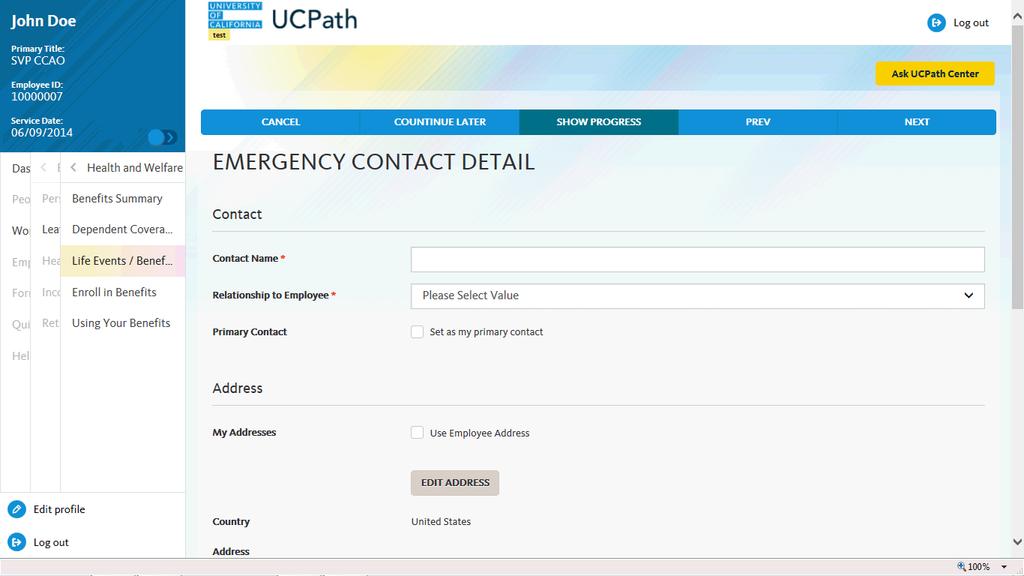 21. Use the Emergency Contacts page to review and update your emergency contact information as necessary. In this example, add the spouse as the primary emergency contact. Click the Add button. 22.