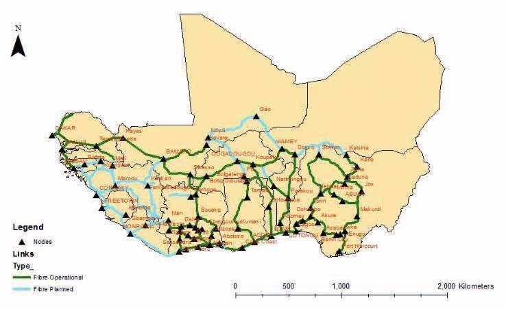 Infrastructure development Figure 1 West Africa s regional terrestrial broadband infrastructure 56 A detailed feasibility study including a business plan is now under way on the missing inter-state