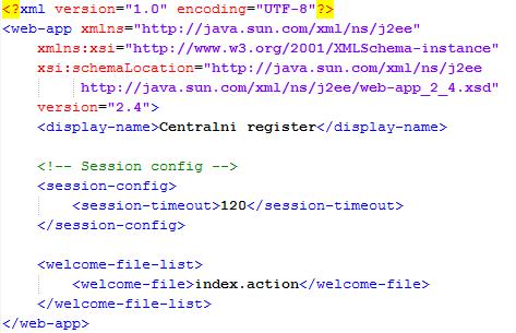 38 Postavitev aplikacije na strežnik Slika 19: Primer običajne web.xml datoteke Dotaknimo pa se še datoteke web.xml. Na zgornji sliki imamo primer te datoteke (Slika 19), ki vsebuje samo najbolj osnovne stvari, ki jih aplikacija potrebuje.