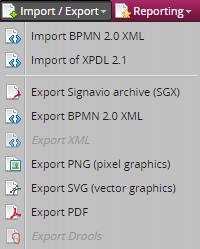 Slika 5-3: Uvoz/izvoz Signavio Process Editor Slika 5-4: Uvoz/izvoz BPMN Modeler Slika 5-5 prikazuje rezultate izmenjanega BPMN formata za proces»nobelova nagrada«.