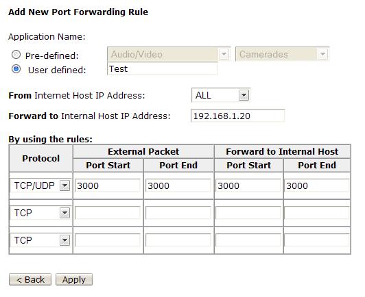 For Application Name, select User Defined. Enter a descriptive name for this port forwarding rule. In the above example, "Test" is the name for the rule. Leave From Internet Host IP Address on ALL.