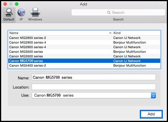 On the Add screen, select the MG5700 series with