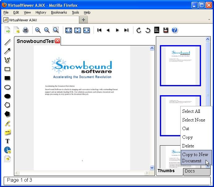 Chapter 2 - Using the VirtualViewer AJAX Client 1. Click on the page thumbnail or page thumbnails that you want to copy to the new document. 2. Right-click on the page thumbnail(s) to load the page manipulation context menu.
