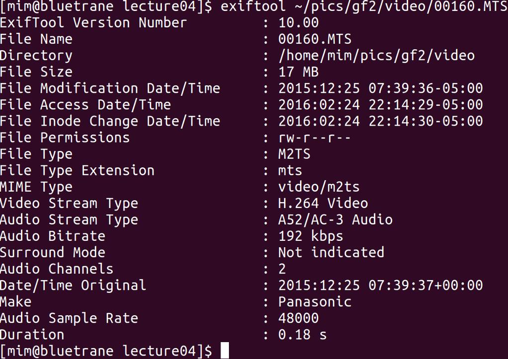 Camera files have EXIF metadata Exchangeable image file format (EXIF) Recorded by digital