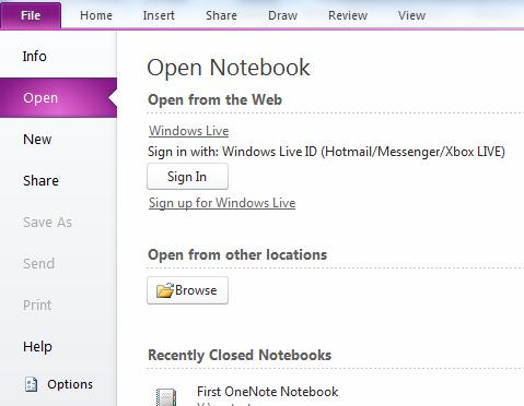 Click on Open from the menu that displays If the Notebook has been recently used click on it from the list under the Recently Closed Notebooks heading.