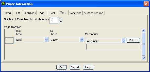 3. Enable the cavitation model. Phases Interaction... (a) Click the Mass tab. i. Set Number of Mass Transfer Mechanisms to 1. ii.