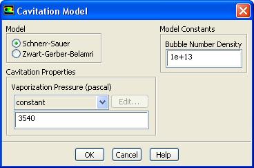 Select cavitation from the Mechanism drop-down list. The Cavitation Model dialog box will open to show the cavitation inputs. A. Retain the default settings. B.