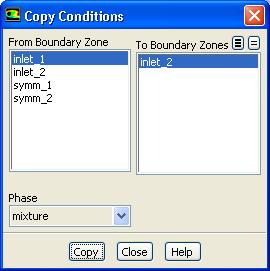 Copy the boundary conditions defined for the first pressure inlet zone (inlet 1) to the second pressure inlet zone (inlet 2).
