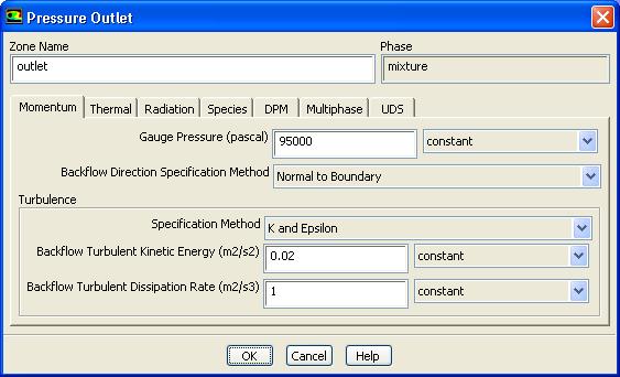 iv. Close the Copy Conditions dialog box. 4. Set the boundary conditions at outlet for the mixture. Boundary Conditions outlet Edit... (a) Enter 95000 Pa for Gauge Pressure.