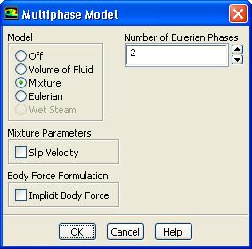 Step 3: Models Models 1. Enable the multiphase mixture model. Models Multiphase Edit... (a) Select Mixture in the Model list. The Multiphase Model dialog box will expand.