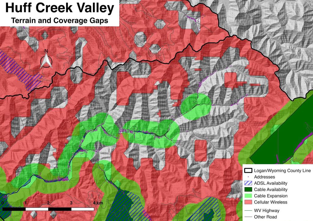 There are about four hundred addresses in Huff Creek Valley, mainly in the west and center of the valley, all of which lack any wireless connectivity, according to the GeoTel data.