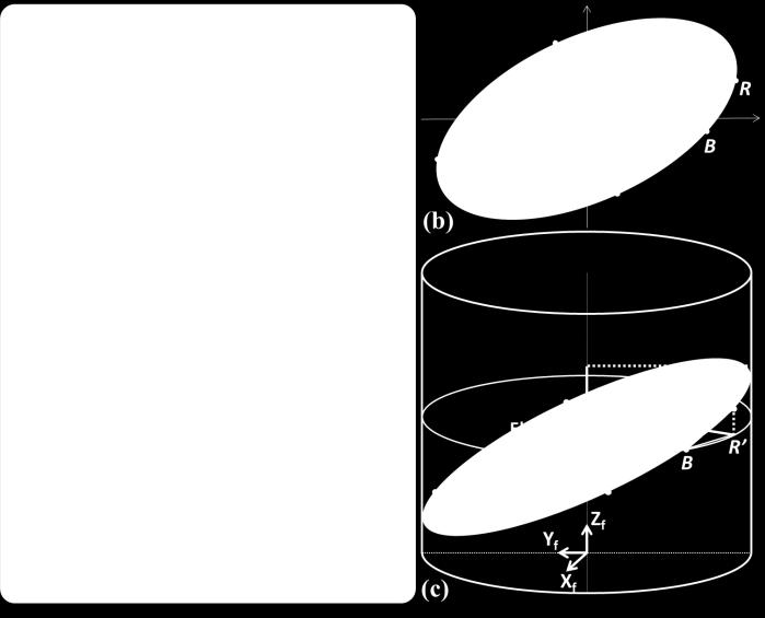 cross-sectional image, however, the conversion relation between space and rotation according to aforementioned definition force us to calculate solid line angle BO R where R is projection of R on red