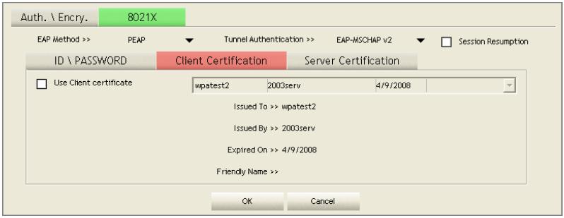 Use Client certificate: Client certificate for server authentication.