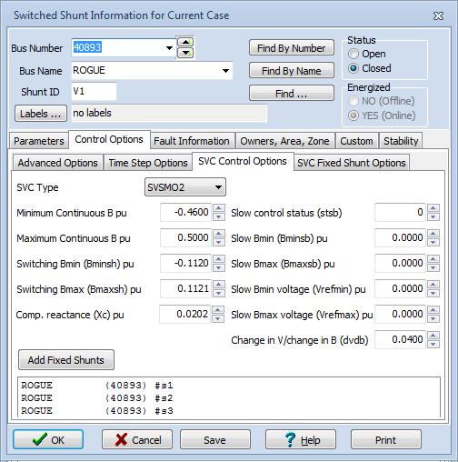 Switched Shunt Options: SVC Control Mode New Control Mode: SVC Provides additional complex control options under tab