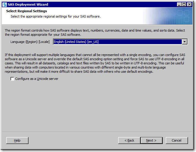 Preparing to Install and to Configure 87 Figure 5.5 Select Regional Settings Page The locale setting controls how SAS 9.