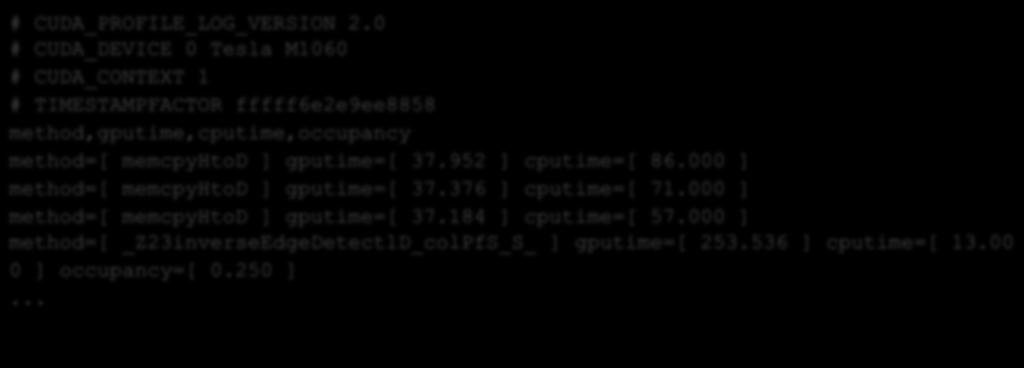 CUDA Profiling Simply set COMPUTE_PROFILE environment variable to 1 Log file, e.g. cuda_profile_0.log created at runtime: timing information for kernels and data transfer # CUDA_PROFILE_LOG_VERSION 2.