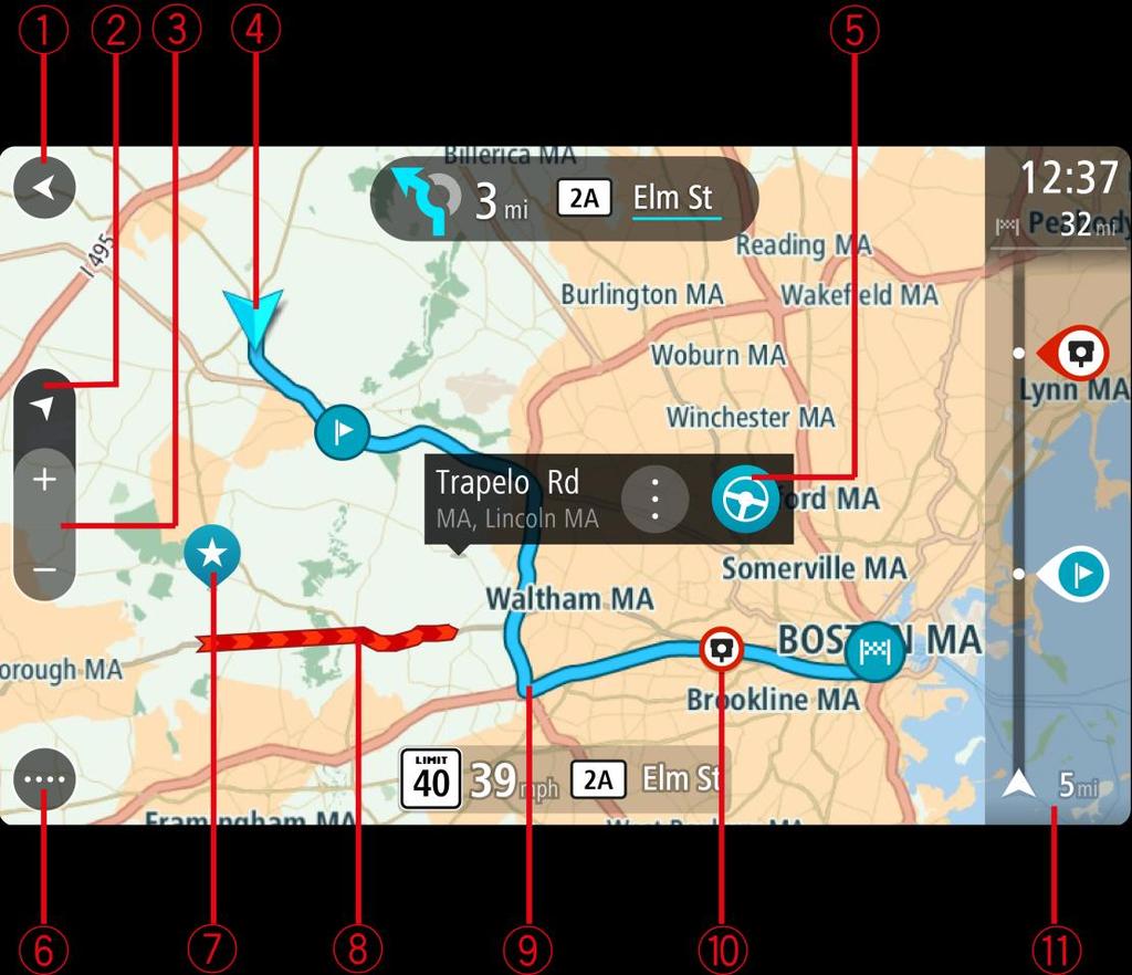 If you have planned a route, your complete route is shown on the map. You can add stops to your route directly from the map. When you start to drive, the guidance view is shown. 1. Back button.