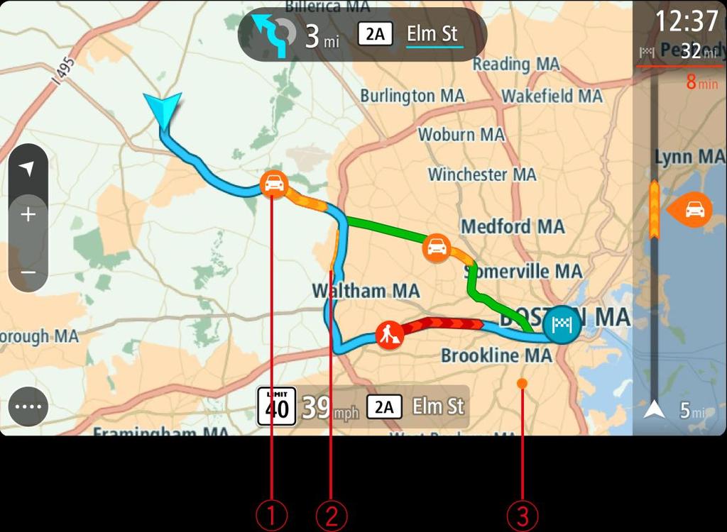 Tip: Select an incident on the map to see more detailed information. 1. Traffic incident that affects your route in your direction of travel.