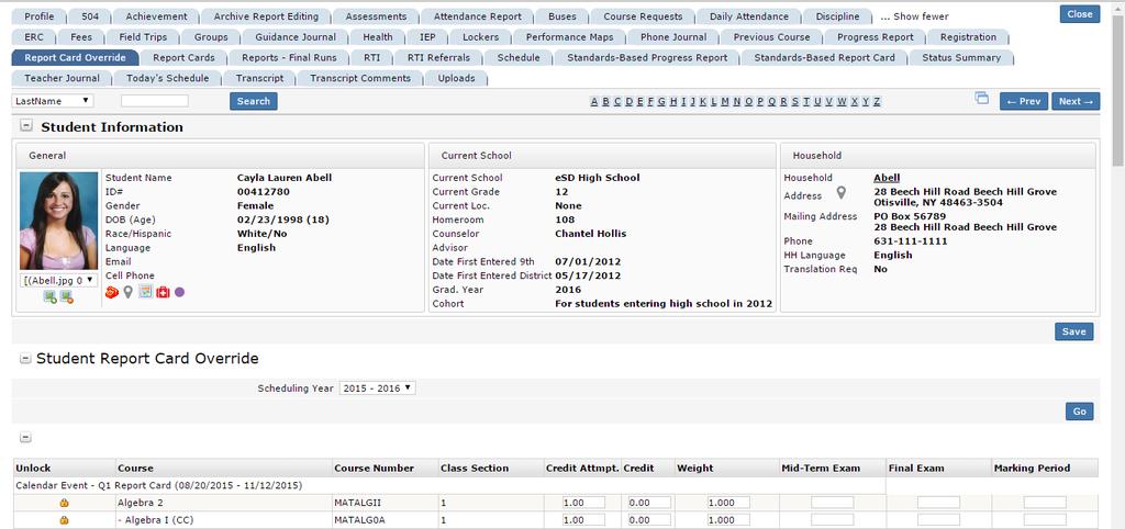 Report Card Override Tab The Report Card Override tab allows users to make changes to the student s Report Card.