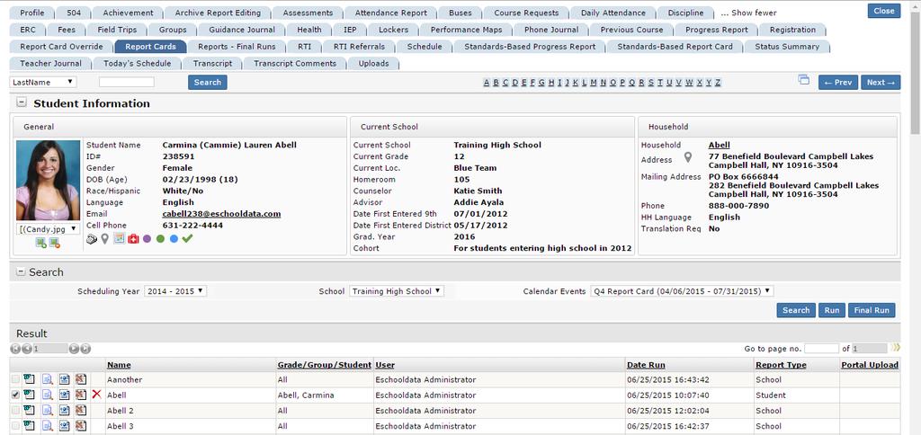 Report Cards Tab The Report Cards tab displays the student s Report Cards generated in the current Scheduling Year by default.