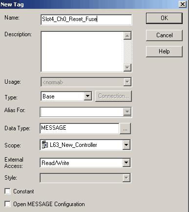 Appendix C Use Ladder Logic To Perform Run Time Services and Reconfiguration 5. Choose New Tag. The New Tag dialog box appears with the cursor in the Name field.