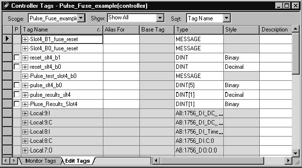 Appendix C Use Ladder Logic To Perform Run Time Services and Reconfiguration The Controller Tags dialog box shows examples of the tags created in the ladder logic, as displayed in the tag editor.