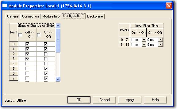 Chapter 3 Common Module Features Enable Change of State The Point column on the left side of the Configuration tab lets you set whether a COS occurs when a field device transitions from Off to On or