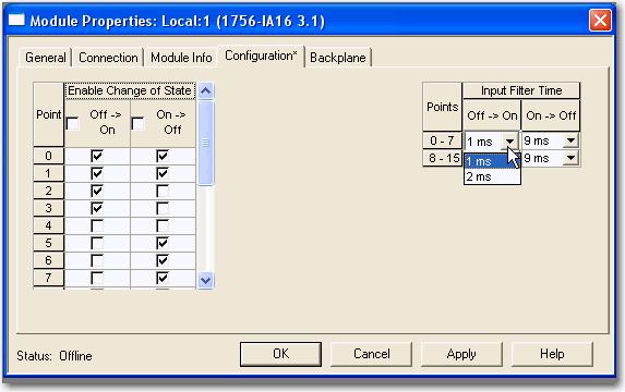 Common Module Features Chapter 3 Software Configurable Filter Times On to Off and Off to On filter times can be adjusted through RSLogix 5000 software for all ControlLogix input modules.