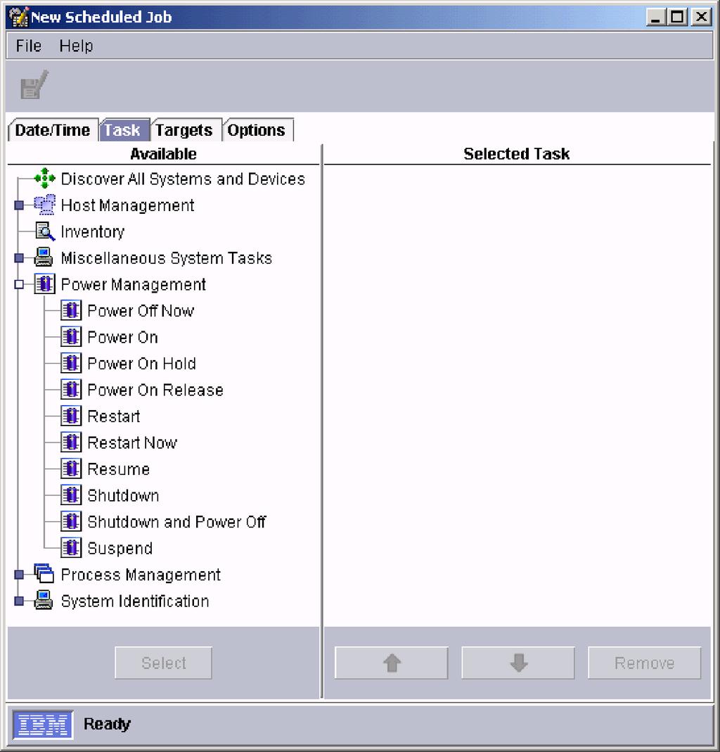 Figure 4 shows the New Scheduled Job window with the power management operations that you can schedule. Figure 4.