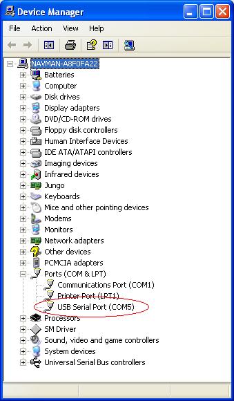 After the evaluation board has been installed, check the Device Manager window for the evaluation board COM port number.