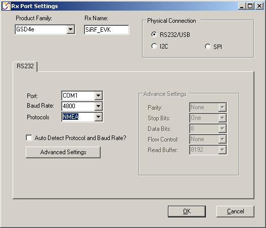 6.2.2. Main Tool Bar Select the Receiver Settings button Or the Connect button 6.2.3. Rx Port Settings Select the GSD4e Product Family, RS232/USB, and the Correct COM Port.