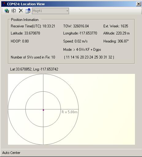 6.3.4. Location View (main tool bar icon) Displays more detailed information regarding the UTC, TOW, Latitude, Longitude, Altitude, etc.