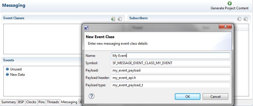 Figure 9 Messaging e 2 studio New Event Class Configuration 4. In the Events window, add any events that your application may support (see event code).