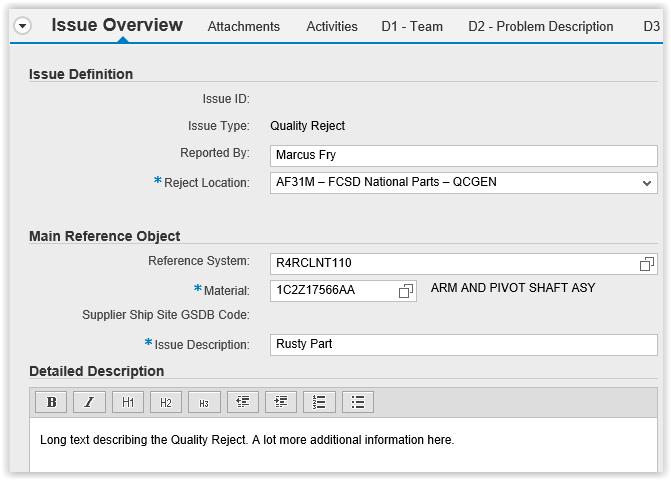 QIM-DP-22-Enter and Save Quality Reject in QIM (R2 Re-issue) 2. Ensure you are in the Issue Overview tab by clicking the Issue Overview tab. 3. Enter your name in the Reported By field.