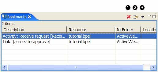 Add a bookmark to a BPEL activity or a service file to create an easy way to link back to the information. You can select a bookmark from the list and go to the place where you added the bookmark.