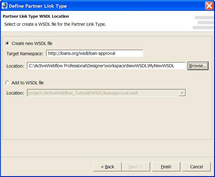 Create a new Partner Link Type name and Role name, and then click Next.