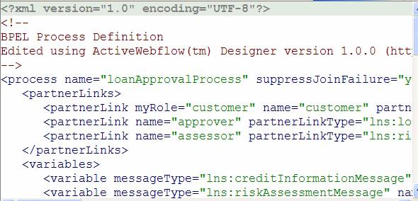 Here is a snippet of the BPEL code corresponding to the illustration above, as generated by ActiveWebflow Designer.