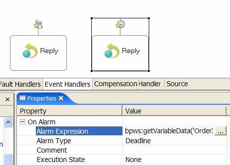 In the above example, the onalarm element specifies a timer event that is fired when the duration specified in the processduration field in the orderdetails variable is exceeded.