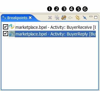 1 Removes selected breakpoints 2 Removes all breakpoints for all targets 3 Shows breakpoints supported by selected target 4 Goes to file for breakpoint 5 Ties the view to always show the current file