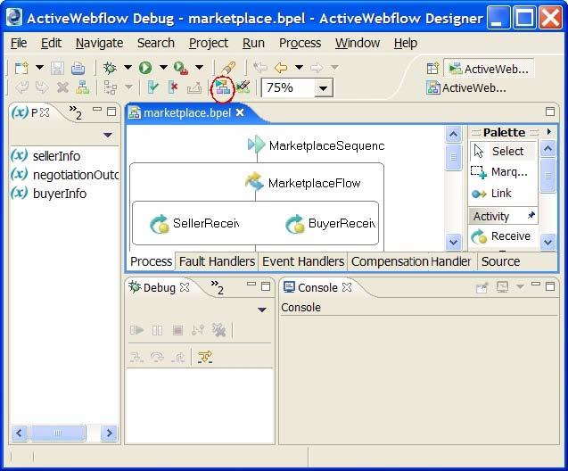 1 Open your BPEL file. 2 Click your mouse in the Process Editor canvas to activate the editor toolbar. 3 Select the Simulate Process icon on the toolbar, as shown.