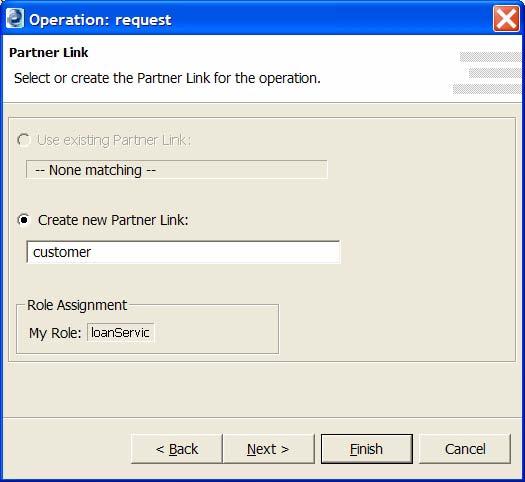 5 Notice that the Operation wizard suggests loanpartnerlinktype for a partner link name. To make the name more meaningful, type in customer for the partner link, and click Next.